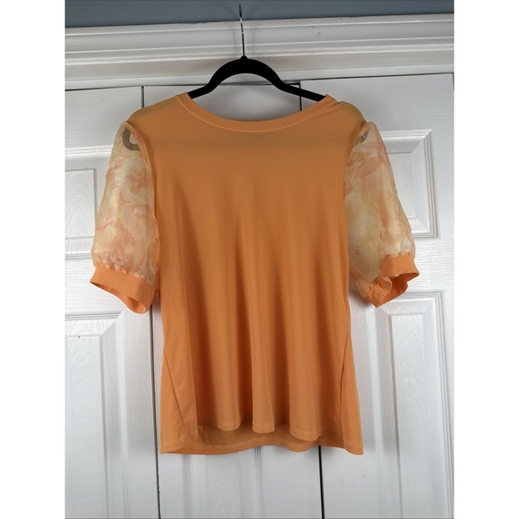CeCe L'amour Tops - CeCe Women's Size Large Orange Floral Sheer Puff Sleeve Top Blouse